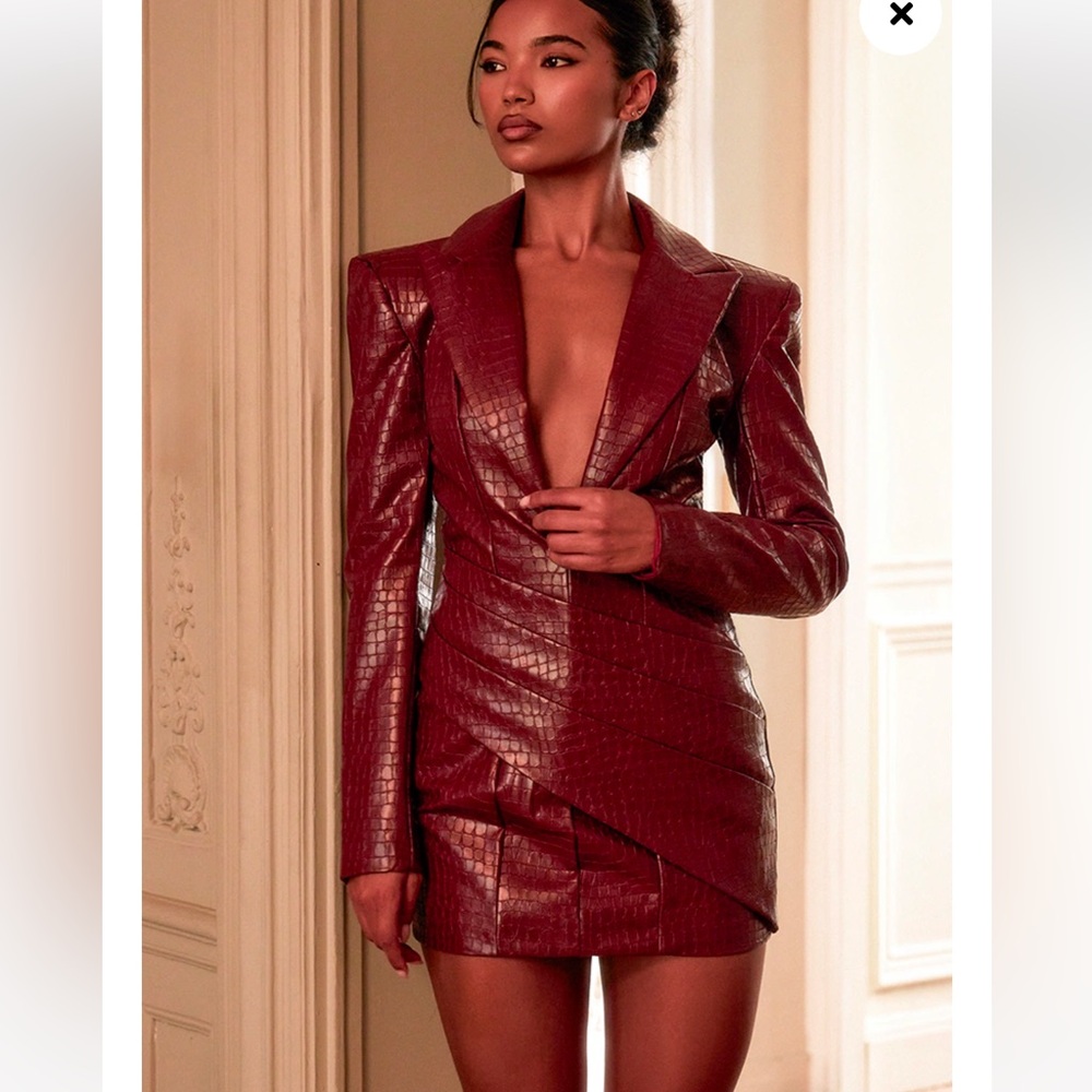 PLT Label Burgundy Croc Faux Leather Pleated Blazer Dress